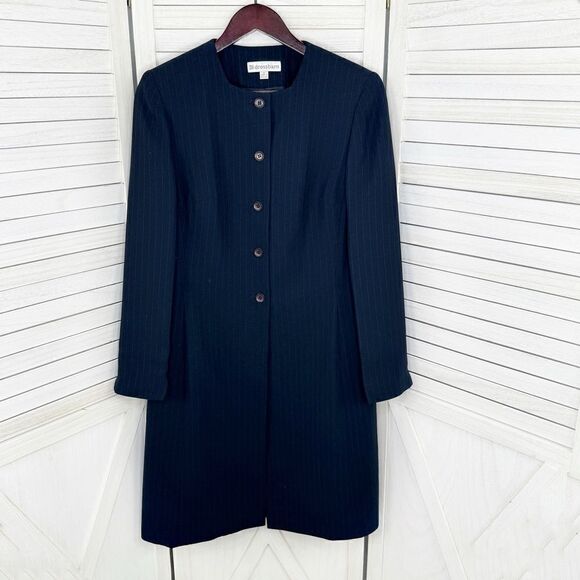 Dress Barn Pinstripe Long Line Blazer Jacket Blue Tan 10 Suit Coat - Picture 9 of 16
